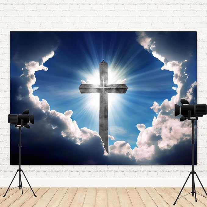 12x6ft Christian Cross Backdrop Heaven Sky White Clouds Photography Background Holy Crucifix Lord Pray Religious Church Event Easter Banner Decorations Baby Shower Portrait Photo Booth Prop