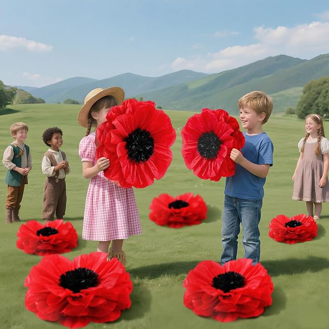 Chunful 5 Pcs 30'' 24'' Giant Red Paper Poppy Flowers Wizard Party Decoration Large Hanging Tissue Paper Poppies Pom Poms Decor for Memorial Day Halloween Veterans Day Carnival Witch Birthday