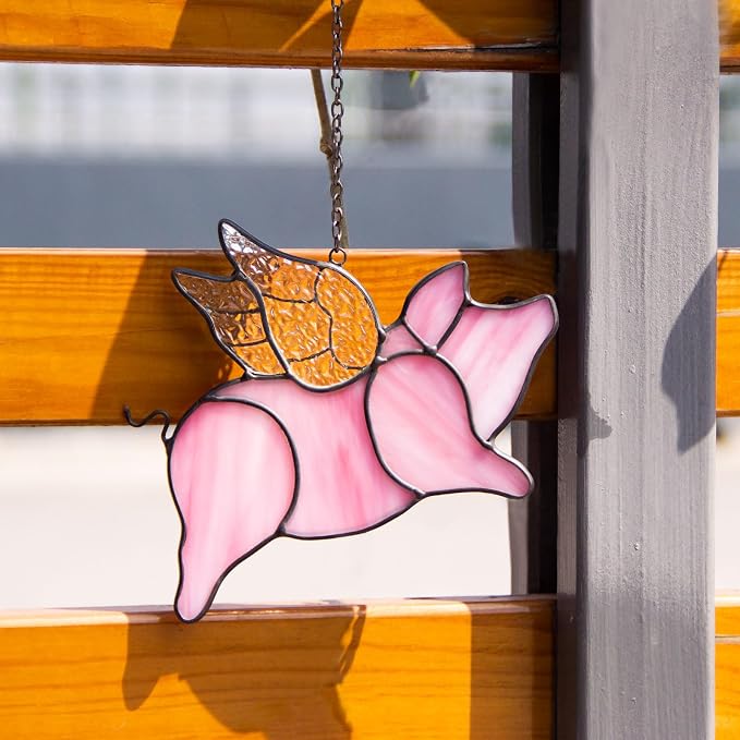 Flying Pig Suncatcher, Stained Glass Window Hanging Decor, Handmade Gift for Pig Lovers Women Mom - Funny Animal Party & Nursery Decoration