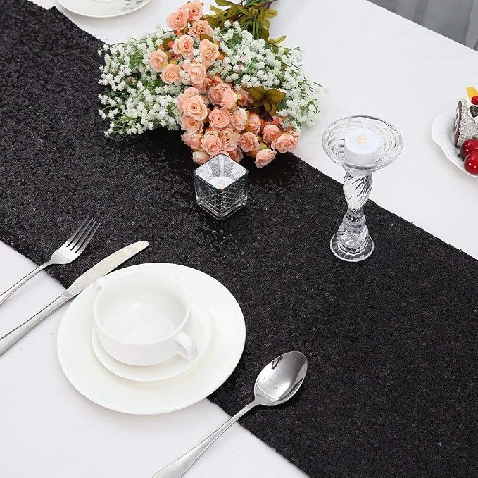 SoarDream Black Table Runner 10 Packs 12x72 Inches Sequin Metallic Fabric Glitter Table Runner for Party Birthday Holiday Event Supplies Decorations