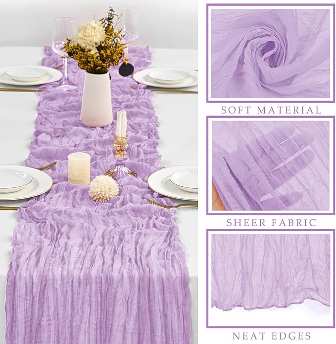 12 Pieces Lilac Cheesecloth Table Runner 10FT Pink Runner for Tables Gauze Fabric Boho 35 x 120 Inches Long Table Runner Decoration Rustic Sheer Runner for Wedding Baby Birthday Party Lilac