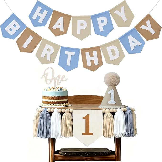 1st Birthday High Chair Banner Decorations - Neutral Felt Banner Set with Cake Topper & Party Hat, First Birthday Party Supplies