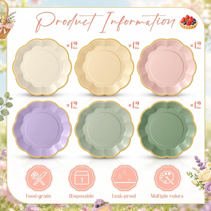 72 Pcs Sage Green Purple Pink Paper Plates 9 Inch Fairy Scalloped Paper Disposable Dinner Dessert Plates for Flower Floral Butterfly Birthday Wedding Bridal Party Supplies, 6 Colors