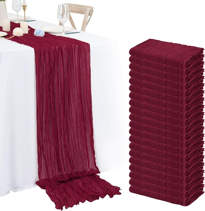 20 Pack Burgundy Cheesecloth Table Runner 120 Inch 10FT Rustic Boho Gauze Cheese Cloth Table Runner for Wedding Party Baby Shower Thanksgiving Christmas Decoration