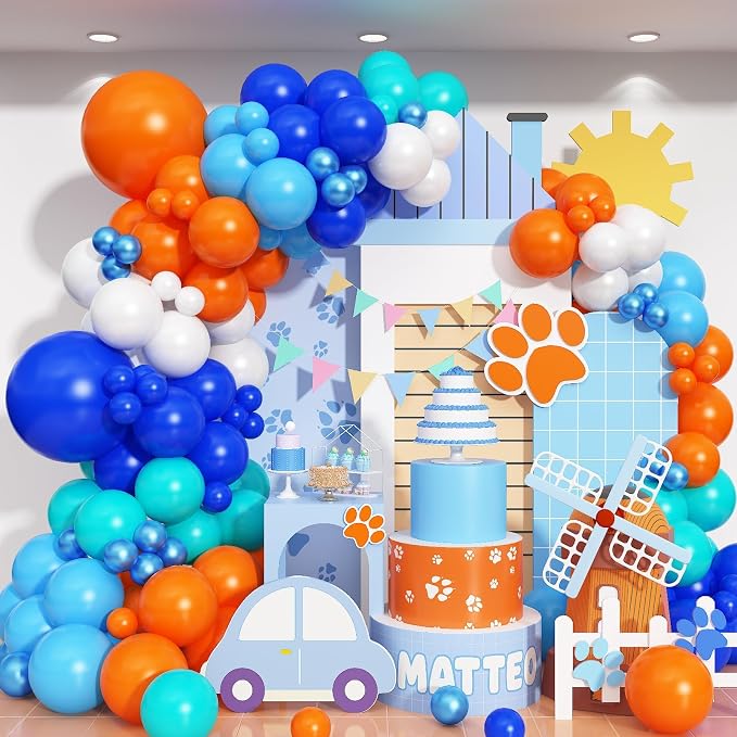 Blue and Orange Balloon Garland Arch Kit, Klein Navy Light Blue Teal Orange White Metallic Under the Sea Balloon Arch Kit for Boys Space Ocean Basketball Birthday Graduation Party Decorations Supplies
