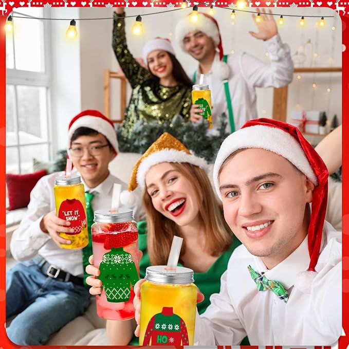 Skylety 30 Pcs Christmas Plastic Cups with Lids and Straws 13.5 oz Winter Sweater Reusable Plastic Tumbler Xmas Sweater Party Decor for Winter Holiday Women Birthday Wedding Party Supplies