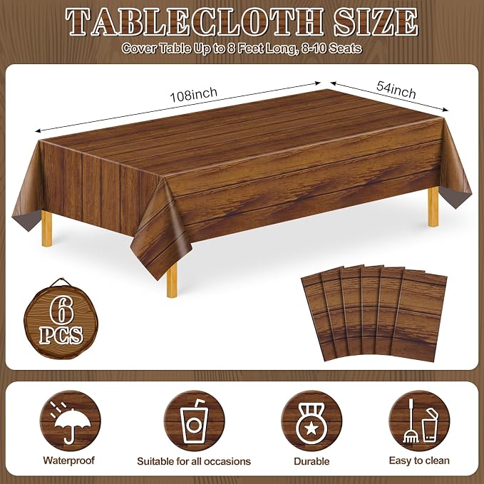 6 Pack Wood Grain Plastic Tablecloths, 54 x 108 In Rustic Table Covers | PE material, disposable and easy to clean, fits 8-10 seat tables, rustic farmhouse look for western barn parties