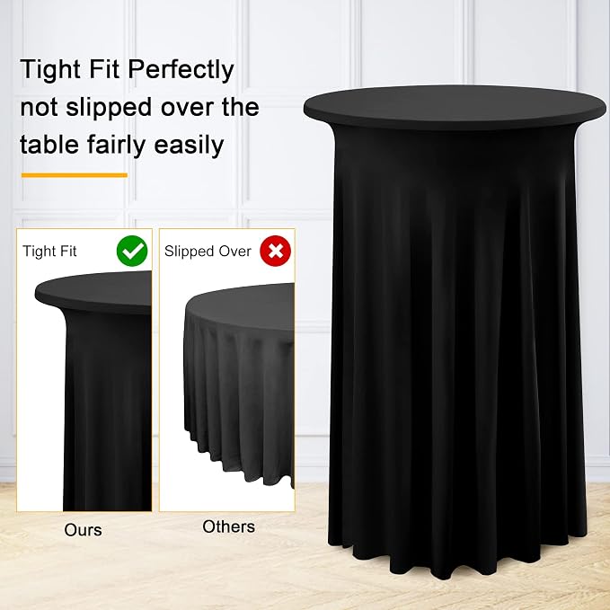 2 Pack Black Round High Top Cocktail Table Cloth 36×43 Inch, Wrinkle Free Stretch Spandex Cocktail Tablecloths Table Covers with Wavy Skirt, for Cocktail Party Banquet Birthday Bar