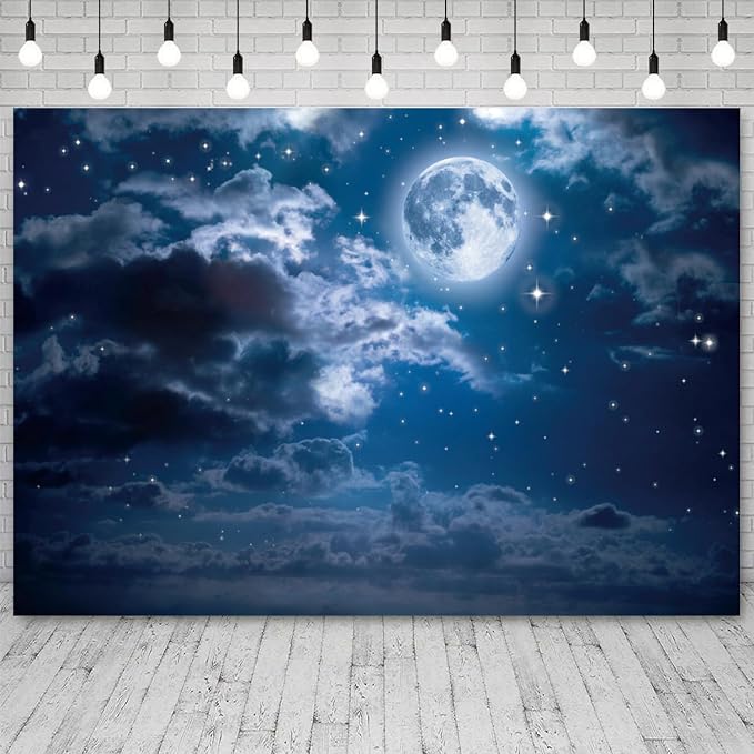 10x7ft Moon Backdrop Full Moon Night Starry Sky Photography Background Bright Stars Cloud Girl Boy Birthday Party Baby Shower Banner Decorations Kids Newborn Portrait Photo Booth Prop