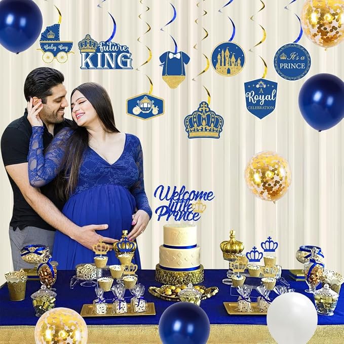 Royal Prince Baby Shower Decorations for Boy - Welcome Prince Banner Hanging swirls Navy Blue and Gold Glitter Cupcake Toppers Crown Foil Balloons Prince Baby Shower Birthday Party Supplies