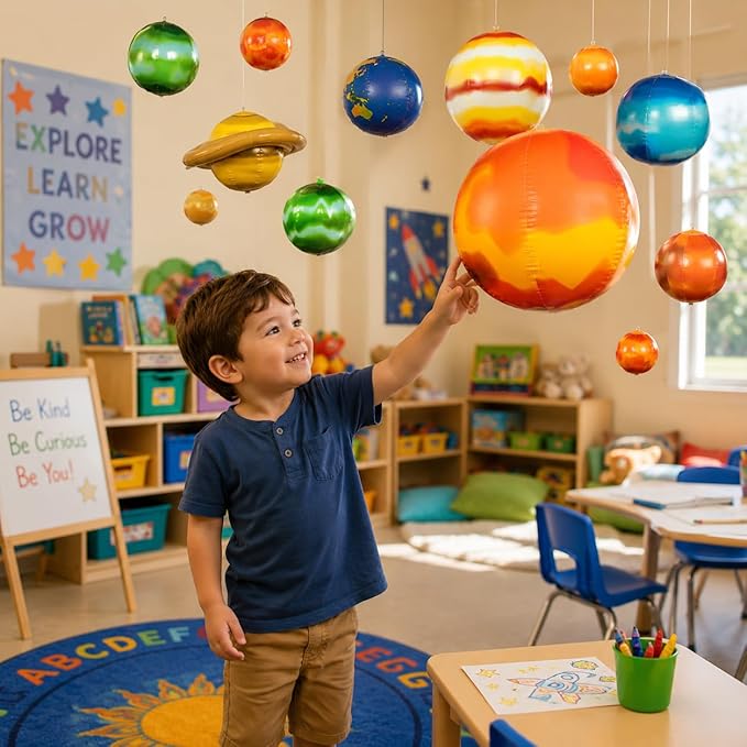 Fun Express Inflatable Solar System Model Kit - 10 Piece Educational Space Toys Set with Planets & Sun for Kids | Perfect for Science Classroom Decor, Space Themed Party Decorations & Bedroom Display