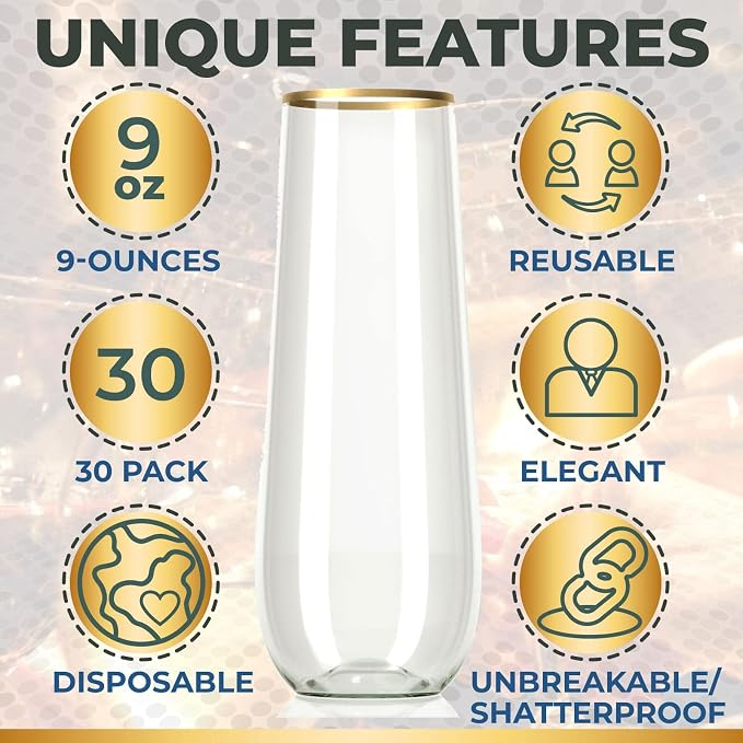 30 Plastic Stemless Champagne Flutes - Disposable Unbreakable 9 Oz toasting glasses, With Gold rim | Reusable, Clear, Fancy & Shatterproof Champagne Glasses - Ideal for Weddings, Birthdays, Parties