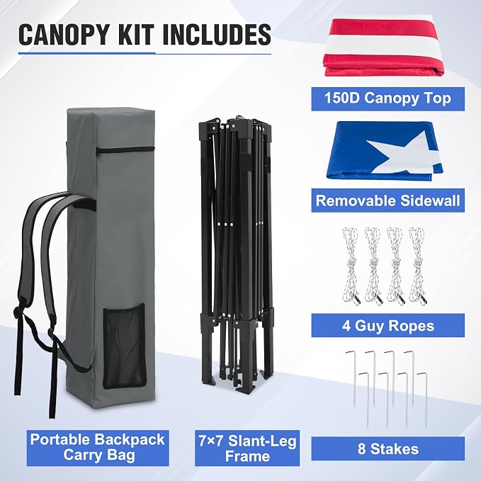 EAGLE PEAK 8x8 Pop Up Canopy Tent with Extended Eaves & Sidewall, Compact, Portable, Easy Setup Slant Leg Instant Shelter for Beach, Sports, & Camping, 8x8 Base 7x7 Top, American Flag