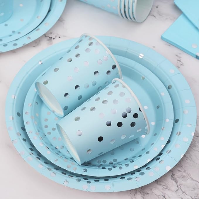 175 Pcs Light Blue Plates and Napkins Party Supplies - Baby Blue Paper Plates Serve 25 Guests - Light Blue and Silver Disposable Plates Sets for Birthday Wedding Baby Shower Holiday Party Decorations