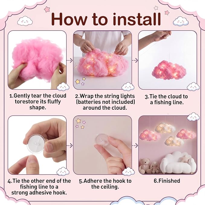 Lewtemi 8 Pcs Artificial Cloud Props with Lights 3D Fluffy Cotton Clouds Decorations 2 Sizes Hanging Clouds with Strings Hooks for Ceiling Room Wedding Party Classroom DIY Kit (White and Pink)