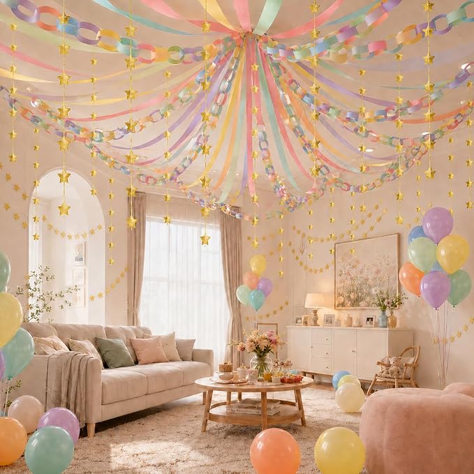 succulentlovers 360 Sheets Colorful Paper Chains Strips, 52 ft Gold Star Garland with 492 ft Crepe Streamer, Fancy Birthday Party Decorations Include Balloon Fringe Curtain for DIY Hanging Decor