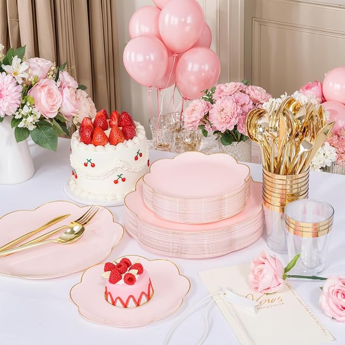 ejonirinjonir EI 180pcs Pink Plastic Plates with Gold Plastic Silverware,Party Plates Disposable,Pink Dinnerware Set for Afternoon Tea,Wedding,Birthday,Easter,Spring,Mother's Day,Valentine's Day