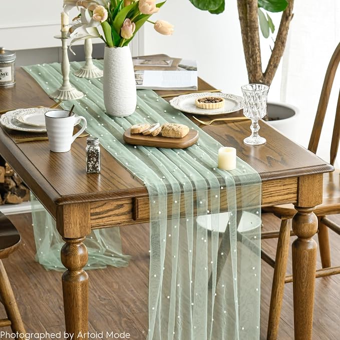Artoid Mode 10PCS Pearl Grass Green Gauze Table Runner 120 Inch 10FT, Seasonal Sheer Dining Holiday Wedding Birthday Baby Shower Table Decor for Home Party