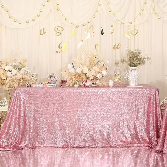 Juya Delight 50" x 80" Fuchsia Pink Rectangle Sequin Tablecloth for Party Dinner Banquet Festival Wedding Anniversary Exhibition Dessert Table