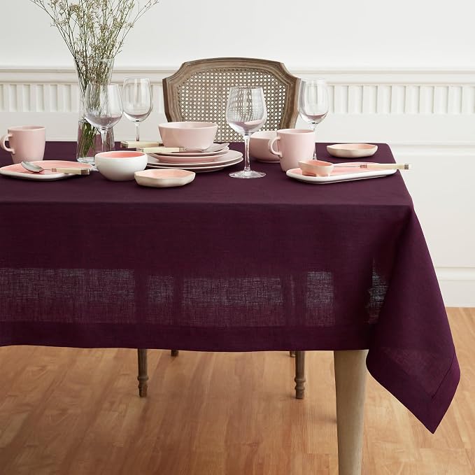 Solino Home Linen Tablecloth 60 x 108 Inch - 100% Pure Linen Chambray Burgundy Table Cloth for Rectangle Tables - Athena, Machine Washable Tablecloth