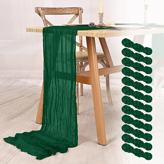 12 Pack Dark Green Cheesecloth Table Runner 10FT Boho Gauze Cheese Cloth Table Runner Rustic Sheer Fabric Table Runners for Wedding Bridal Shower Baby Shower Party(21.5×120 Inch)