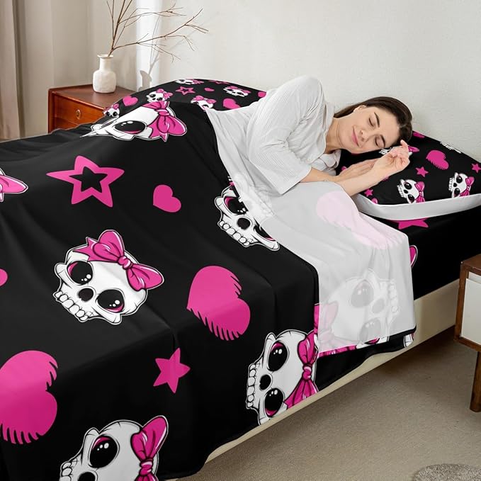 Cartoon Skull Bed Sheet Set Twin Size,Halloween Theme Cute Skeletons Sheet Set Kids Teens,Pink Hearts Stars Bow Black Bedding Decor Set with 1 Flat & 1 Fitted Sheet with 1 Pillow Sham