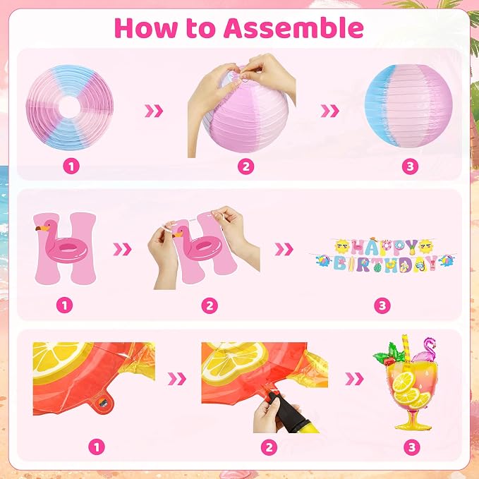 Summer Pool Beach Birthday Party Decorations, Splash Summer Backdrop Banner Hanging Swirls Honeycomb Centerpieces Cake Toppers Foil Balloons for Girls Tropical Swimming Luau Hawaiian Party Decor(Pink)