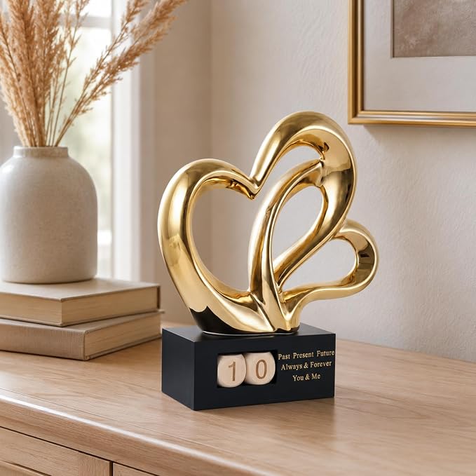 Ceramic Heart Sculpture with Date Blocks, Gold Hearts Statue for Home Decor, Romantic Valentines Day & Wedding for Couple, Shelf Mantel Tabletop Display (Gold)