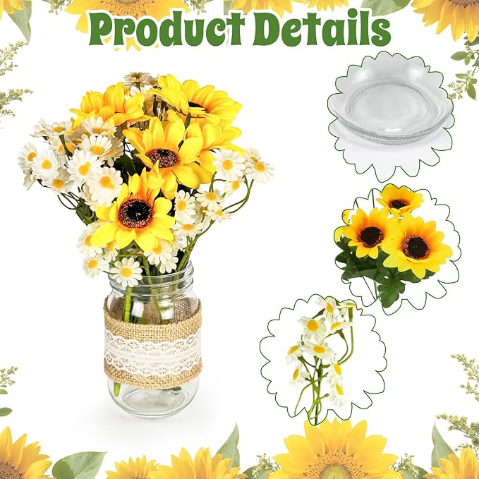 Cinrobiye 6 Sets Sunflower Mason Jar Table Centerpiece Faux Floral with Rope Boho Rustic Flower Mason Jar Vases Reception with Accessories for Engagement Party Bridal Baby Shower Wedding Table Decor