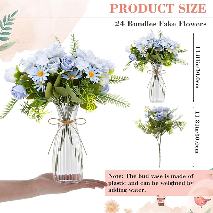 Reallnaive 30 Pack Artificial Flowers Table Centerpieces Decorations with Plastic Vase Wedding Mason Jar 20 Bundles Silk Floral Bouquet 10 Clear Vase with Rope for Party Decor(Dahlia,Blue)