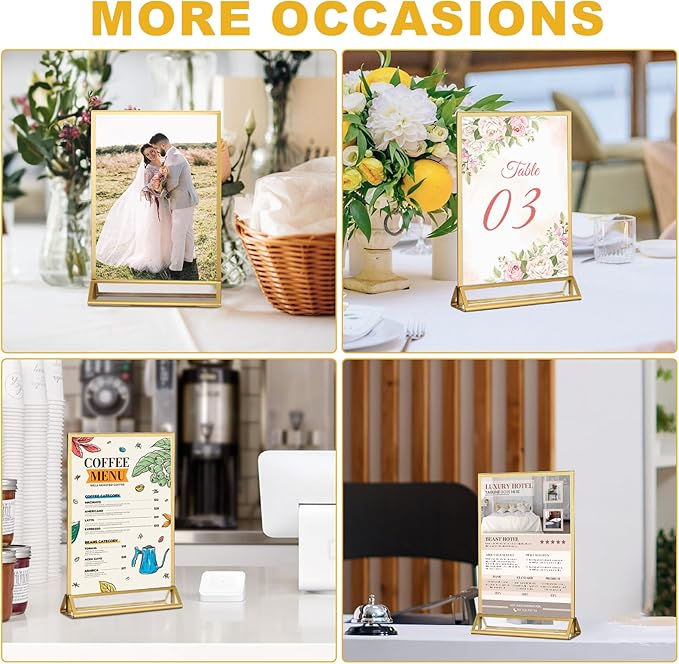 EHWINE 14 Pack 5×7 Clear Acrylic Sign Holder with Gold Borders and Vertical Stand, Double Sided Table Menu Holders Picture Frames for Wedding Table Numbers, Restaurant Signs, Photos and Art Display