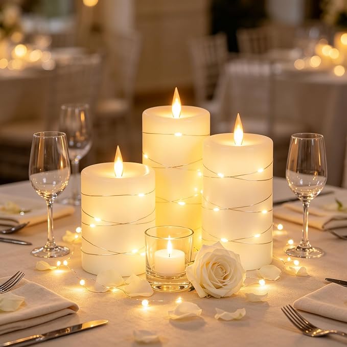 Da by 3 Pack Ivory Real Wax Flameless Taper Candles, Lifelike Flickering LED Flame Candles with Surrounding Copper String Lights, Soft Warm Battery Candles with Remote for Home Wedding Holiday Decor