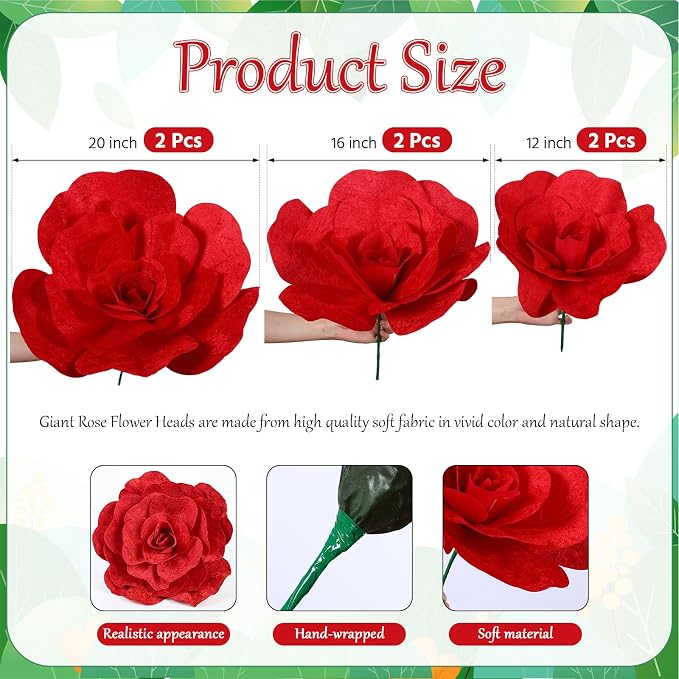 Norme 6 Pcs Giant Flowers for Decoration 12, 16, 20 Inch Large Rose Petals Giant Flowers Large Red Rose for Derby Day Wedding Arch Decoration, Home Decor, Anniversary Birthday Valentines