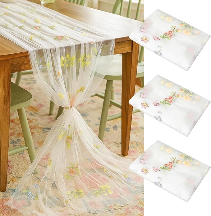 Lounsweer 3 Pcs White Wildflower Table Runner 10ft Embroidery Tulle Spring Floral Table Runner Seasonal Summer Butterfly Kitchen Dining Gauze Decoration for Wedding Baby Shower Birthday Party