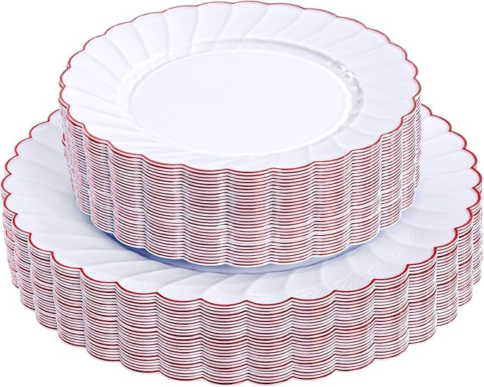 YOUBET 60PCS Red Scalloped Plastic Plates - Heavy Duty White and Red Rim Disposable Plates include 30 Hard Dinner Plate, 30 Dessert Plate for Party & Wedding