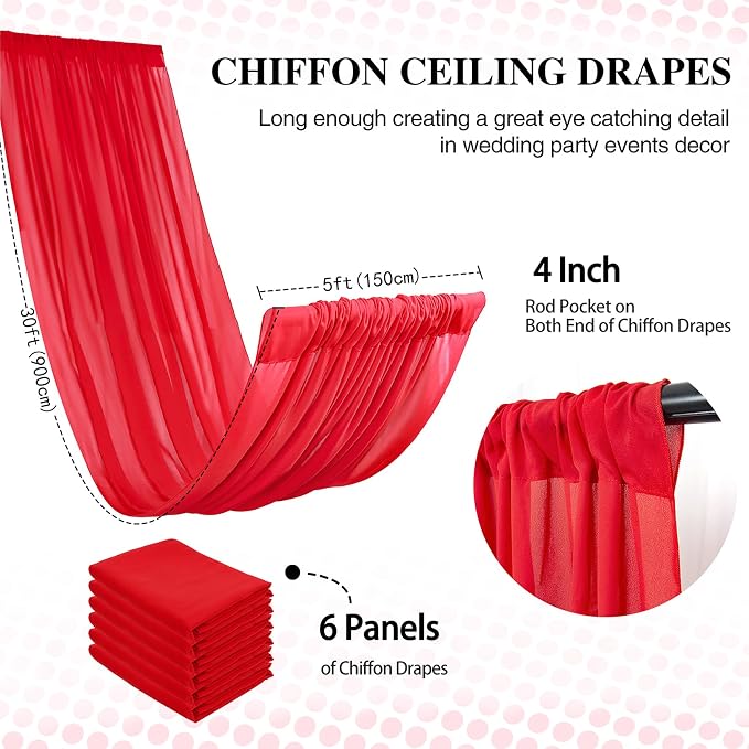 DUOBAO Dark Red Wedding Ceiling Drapes 30ft Sheer Chiffon Backdrop Curtains, Red Arch Draping Fabric for Wedding Ceremony Reception Ceiling Decor Party Event Decoration, 6 Panels 5x30ft