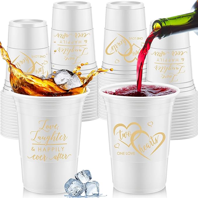 Layhit 100 Pcs Wedding Disposable Thick Plastic Cups, 16 oz White Cups with 2 Elegant Love Designs, Decorations for Wedding Reception Guests, Bridal Shower, Engagement, Bachelorette Party Supplies