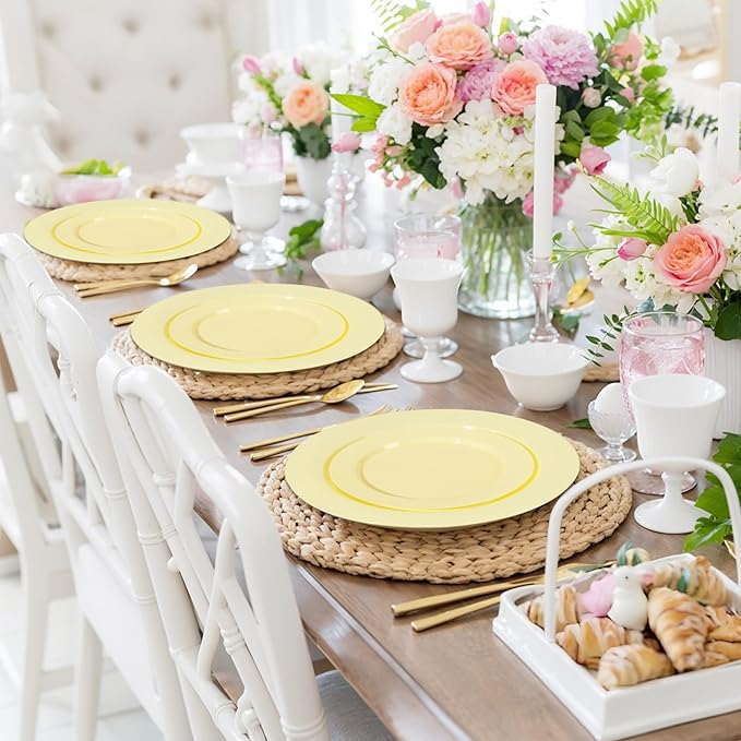 FLOWERCAT 200PCS Yellow Plastic Plates Disposable Plates for Party - Heavy Duty Plastic Plates - 100 10" Dinner Plates and 100 7" Salad Plates for Weddings, Easter Parties and Events