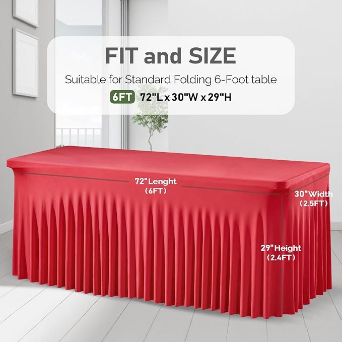 2 Packs Red Table Clothes for 6 Foot Rectangle Tables, Wrinkle Resistant Stretch Spandex Table Covers Fitted Tablecloth with Skirt for Valentines Wedding Birthday Party Event Banquet