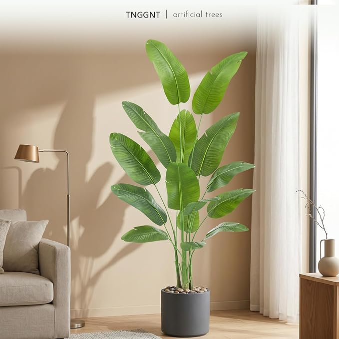 Artificial Bird of Paradise Plant: 7FT Faux Traveler's Palm Fake Banana Tree Elephant Ear Leaf Tall Silk Floor Plant in White Pot for Home Decor Indoor Office Entryway Balcony Patio Cafe Hotel