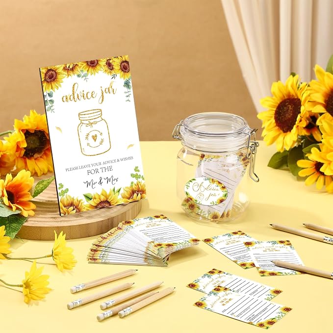 Jetec 74 Pcs Advice and Wishes for the Mr and Mrs 60 Pcs Wedding Advice Cards Advice and Wishes Jar Box Bridal Shower Advice and Wishes Cards for Bride and Groom Bridal Shower Decor(Sunflower)