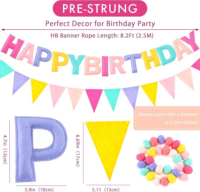 CANREVEL Pre-Strung 3D Happy Birthday Banner, 3 PCS Happy Birthday Felt Garland, Pom Pom Garland, Triangle Fabric Garland Bunting, Reusable Birthday Decorations for Women Men Girls Boys, Pastel Candy