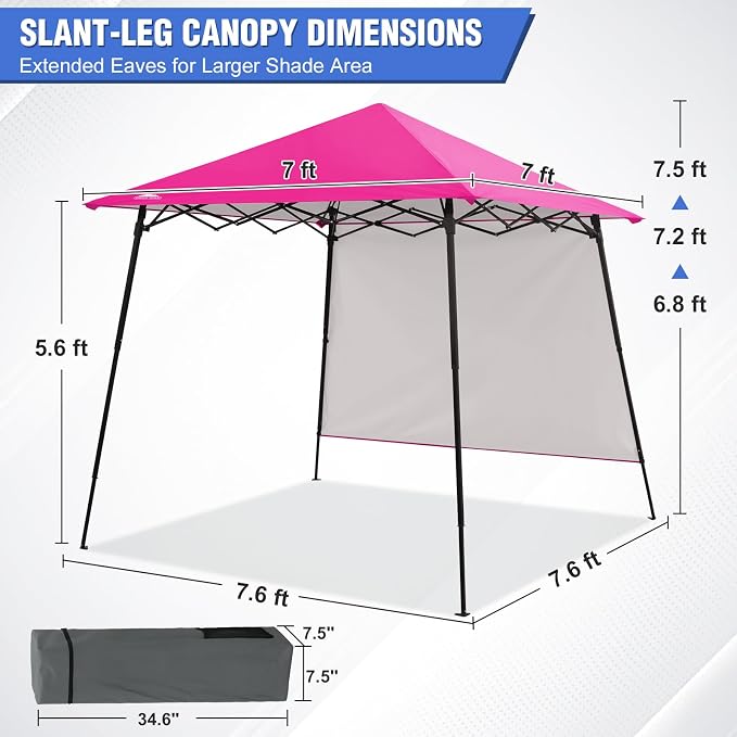 EAGLE PEAK 8x8 Pop Up Canopy Tent with Extended Eaves & Sidewall, Compact, Portable, Easy Setup Slant Leg Instant Shelter for Beach, Sports, & Camping, 8x8 Base 7x7 Top, Pink