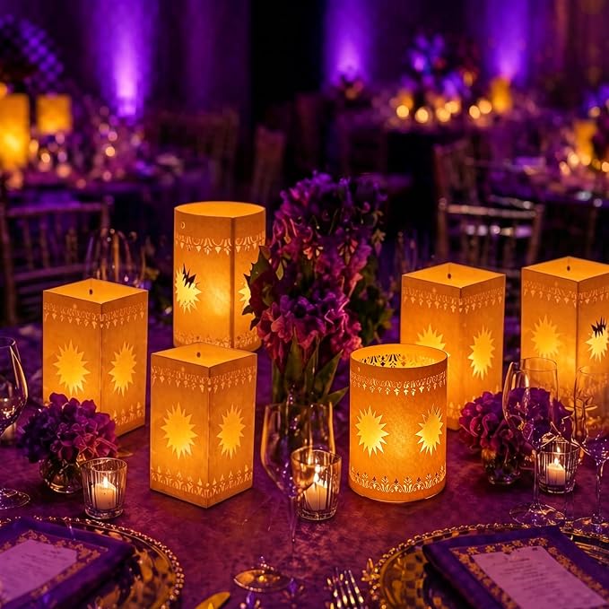 20 Set Paper Lanterns with LED Candles for Table Centerpieces, Sun Shaped Thickened Paper Cutout Lantern for Princess Girls Birthday Party Wedding Festival Decorations (Yellow)
