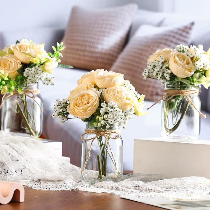 Zeyune 6 Sets Mason Jar Centerpiece Table Decorations, Artificial Peony Baby's Breath Flower Bouquets, Faux Flowers with Vase, Rustic Decor Gifts for Home, Wedding, Holiday (Champagne)