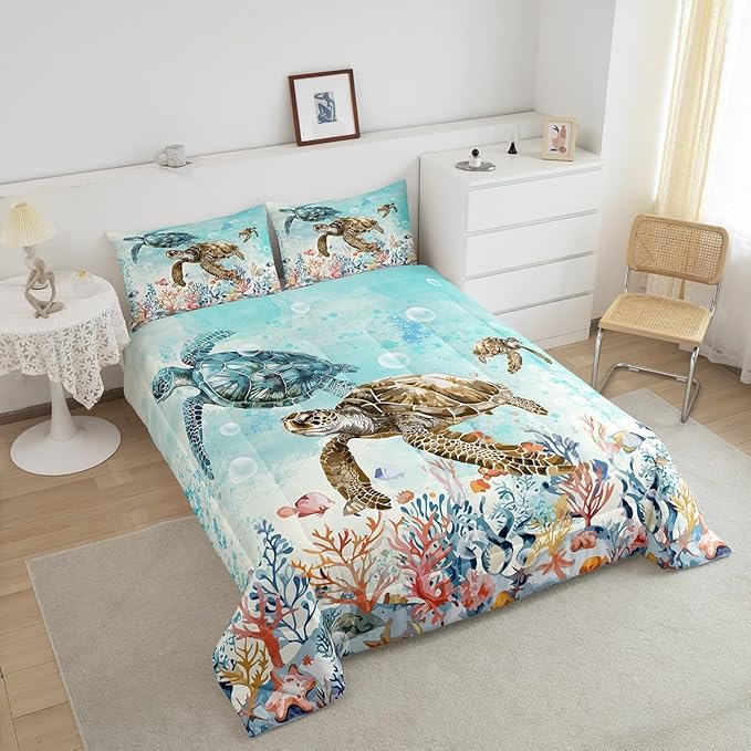 Feelyou Sea Turtle Comforter Set Queen Size Kids Reptile Tortoise Comforter for Boys Girls Teens Ocean Marine Themed Bedding Set Underwater Animal Pattern Duvet Set Summer Quilt