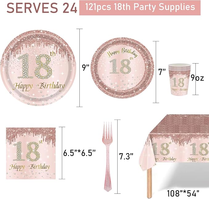 121Pcs 18th Birthday Party Supplies Plates Napkins Cups Forks Tablecloth Rose Gold Happy 18th Birthday Themed Disposable Tableware Decorations Serves 24 Guests for Girls 18 Years