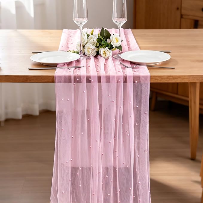 BINBE 6pcs Pearl Table Runner Spring Summer Rustic Boho 10ft Tulle Table Runner for Baby Shower Wedding Veil Holiday Dessert Table Decor Pink
