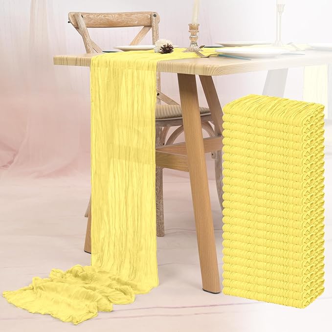 24 Pack Light Yellow Cheesecloth Table Runner 10FT Boho Gauze Cheese Cloth Table Runner Rustic Sheer Fabric Table Runners for Wedding Bridal Shower Baby Shower Party(21.5×120 Inch)