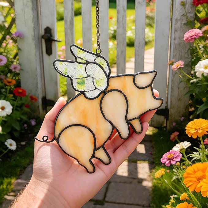 Flying Pig Suncatcher, Stained Glass Window Hanging Decor, Handmade Gift for Pig Lovers Women Mom - Funny Animal Party & Nursery Decoration
